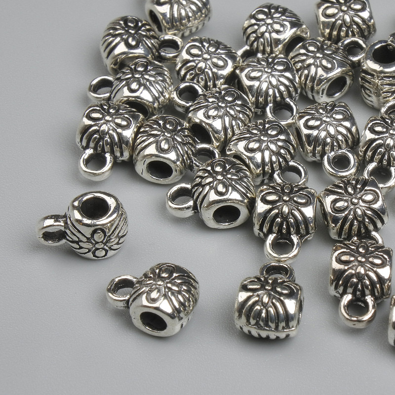Silver-colored bail findings, size 8×4.5 mm, holes 2–3 mm in diameter, packaging 26 pcs