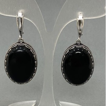Agate Earrings in Openwork Setting, Marquise-Cut Oval Stone 28×22 mm, Length 45 cm