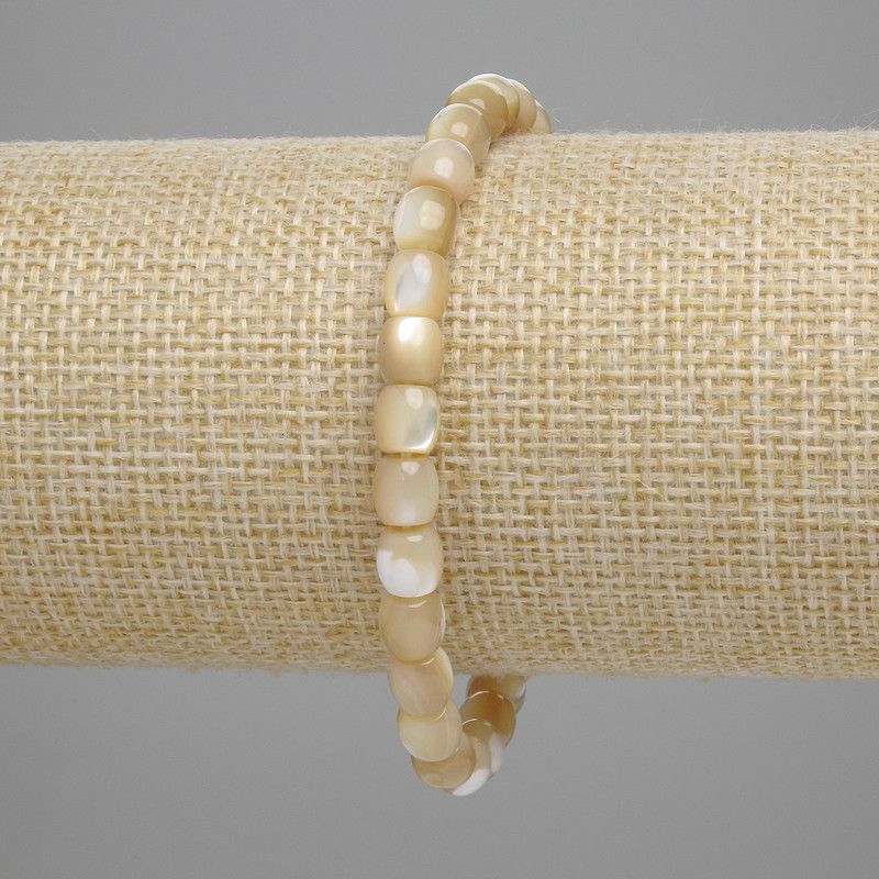 Beige Mother-of-Pearl Barrel Bead Bracelet, 6x6 mm, 18 cm length, stretch