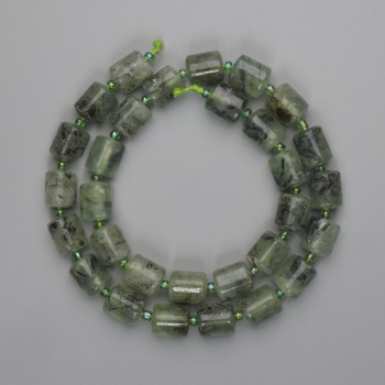 Clearance! Prehnite Cylindrical Beads 10–11×9 mm ±, Seed Beads 3 mm ±, 40 cm length