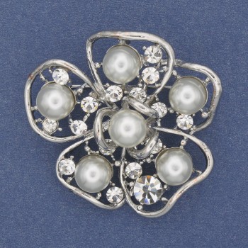 Brooch 'Flower with Pearls' Majorca Pearls, White Crystals, Silver-Tone Metal, 40mm+