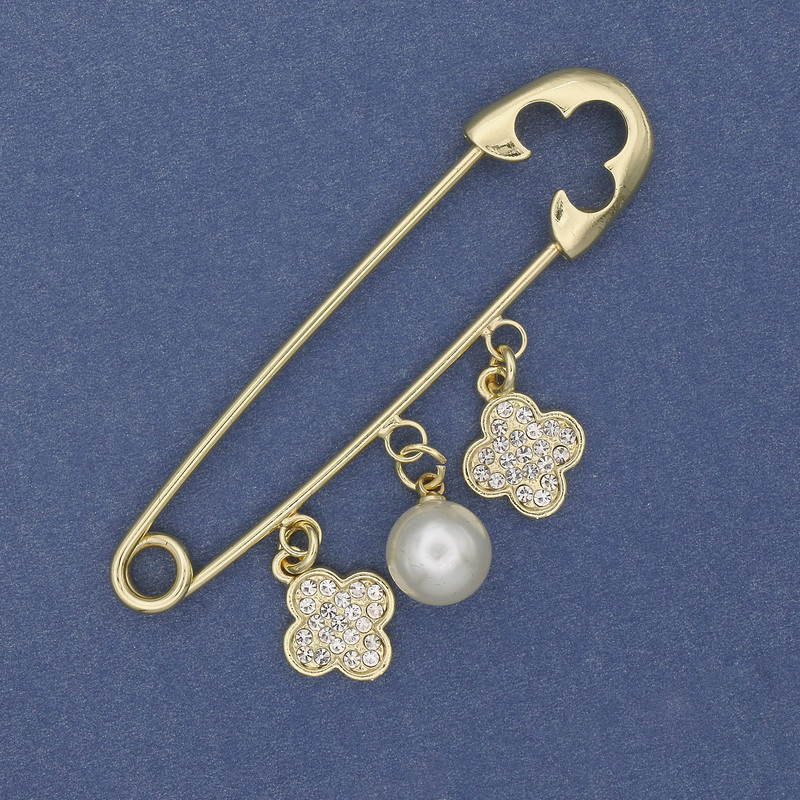 Brooch pin with pendants, pearl and four-leaf clover, 68x17 mm, gold-toned metal