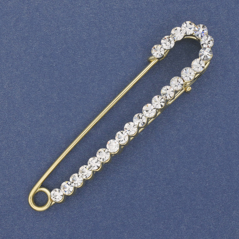Brooch pin with white crystals, 75 x 16 mm, gold-tone metal