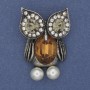 Brooch 'Owl' with Yellow Crystal and White Rhinestones, Silver-Toned Metal, Diameter 42×29 mm+