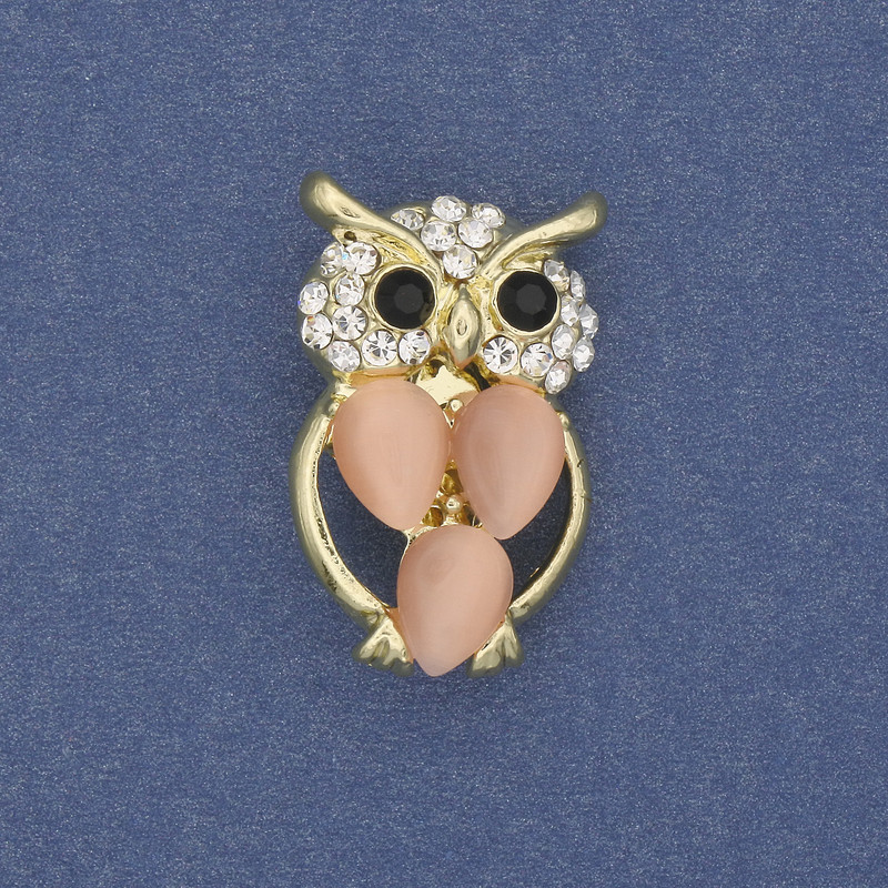 Owl Brooch with Cat's Eye and White Crystals, Gold-Tone Metal, diameter 15mm ±, length 25mm ±
