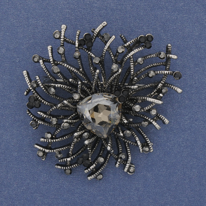 Accent Brooch-Pendant with Gray Crystal, Gray Rhinestones, Silver-Toned Metal 47x42 mm+