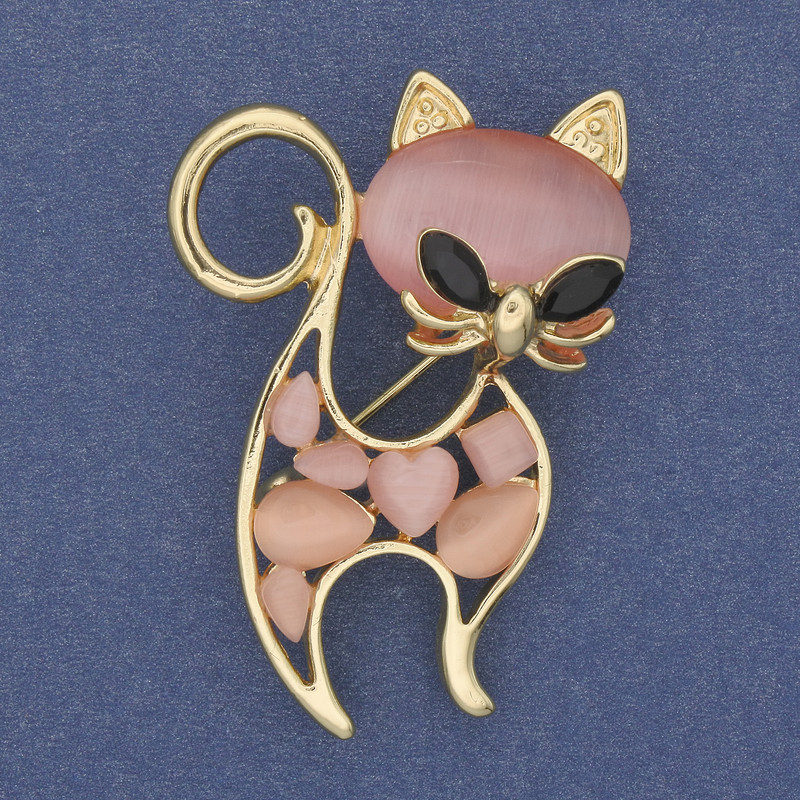 Cat Brooch Pendant Pink Cat's Eye Stone with Crystals, Gold-Tone Metal 45x30 mm+