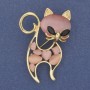 Cat Brooch Pendant Pink Cat's Eye Stone with Crystals, Gold-Tone Metal 45x30 mm+