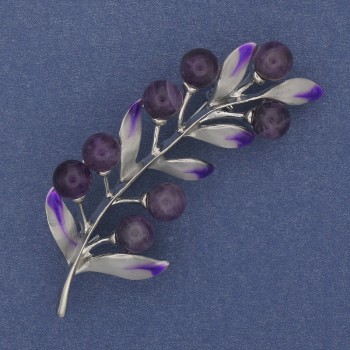 Brooch Twig with Amethyst, White Rhinestones, Silver-Tone Metal, 60×25 mm+