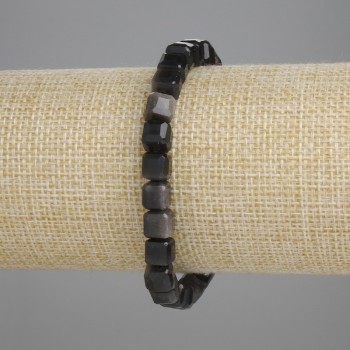 Bracelet in Silvery Obsidian, Faceted Cube, 6×6 mm, 18 cm length, stretch