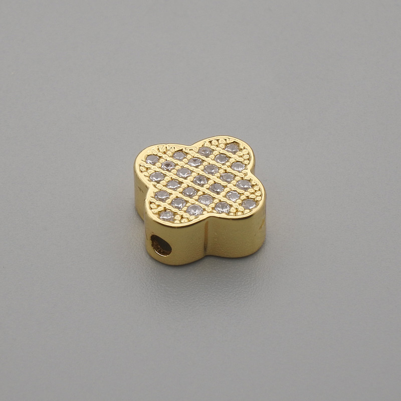 Clover-shaped Bead Insert with Crystals, Gold Metal Color, 10 mm Diameter, Hole Diameter 1.6 mm, per Piece