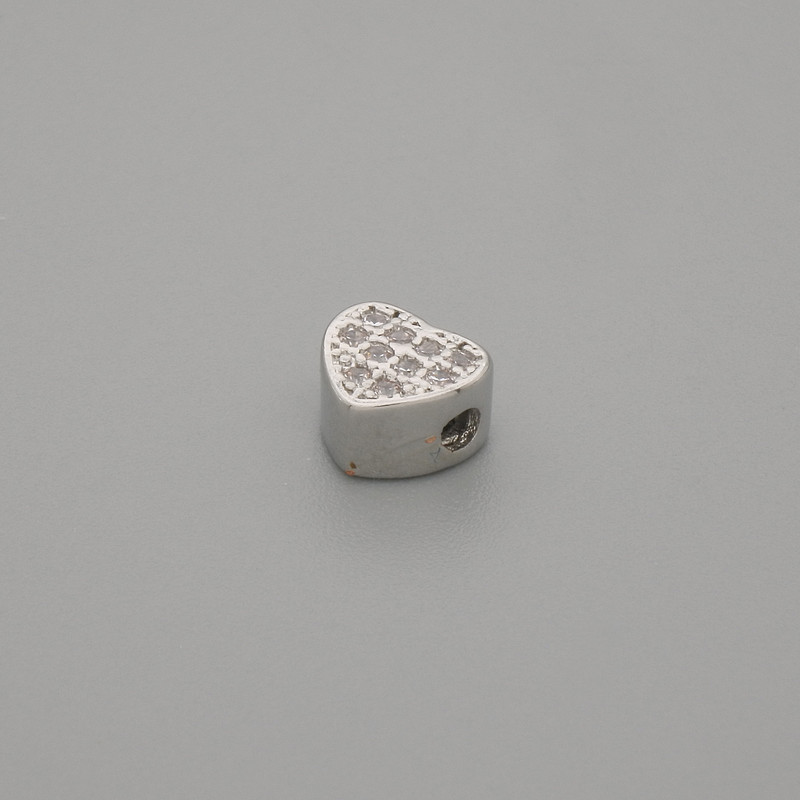 Bead insert, heart-shaped with rhinestones, silver-colored metal, size 6×5 mm, hole diameter about 1.9 mm, per piece