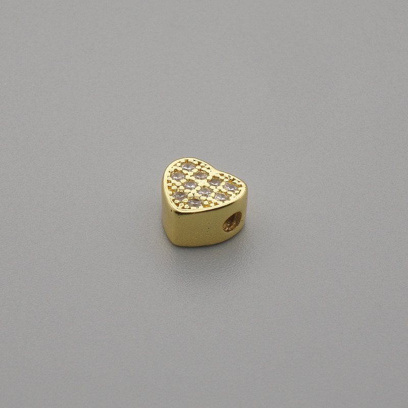 Bead finding, heart-shaped insert with crystals, gold-tone metal, 6×5.5 mm, hole diameter 1.9 mm, per piece