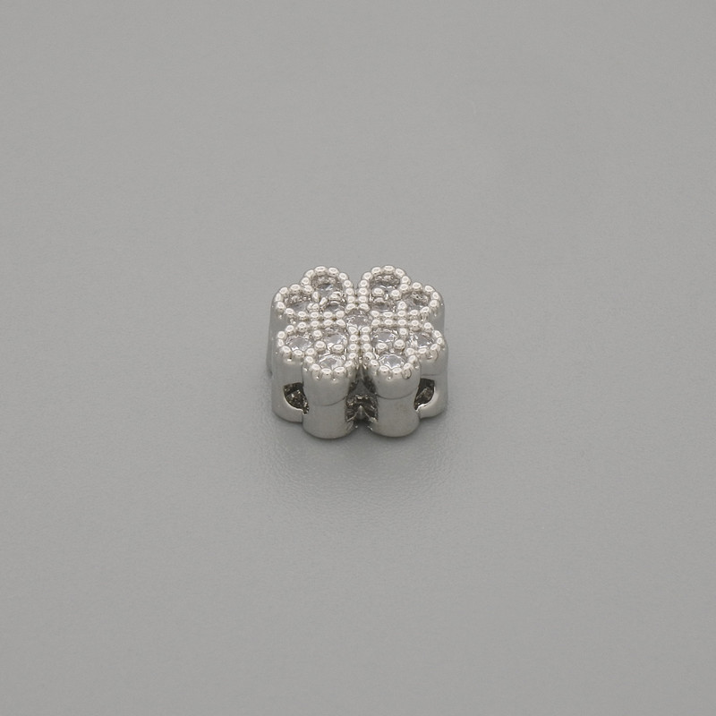 Clover-shaped Bead Insert with Crystals, Silver-Tone, 7×7 mm diameter, 1 mm hole, per piece