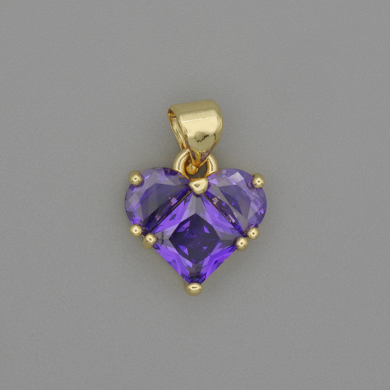 Heart Pendant with Purple Rhinestones, Golden Metal, 10×12 mm, length 17 mm +/-