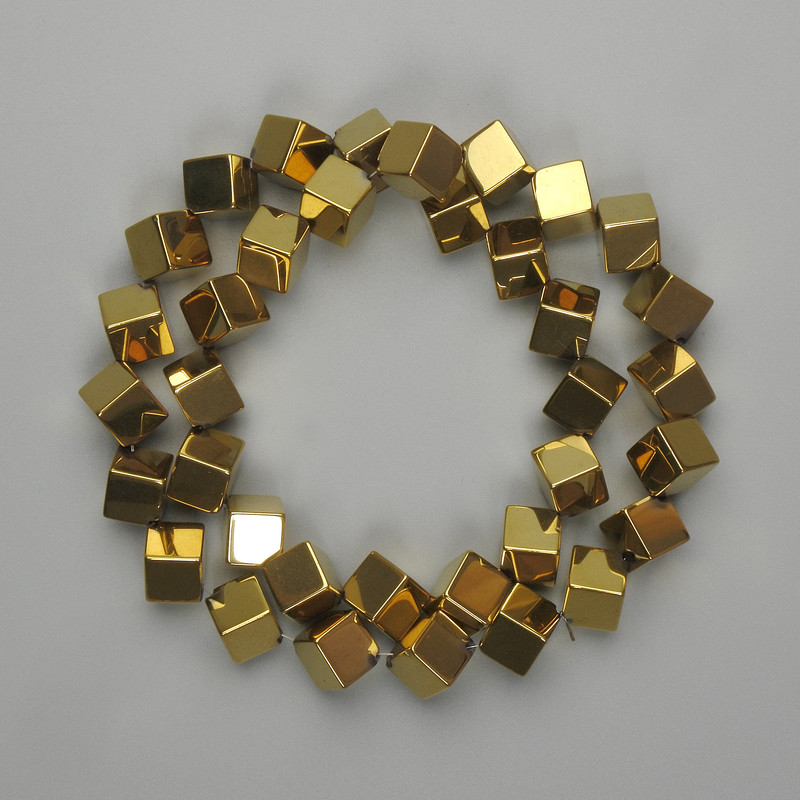 Gold-Colored Hematite Beads, Cube Shape, 8x8 mm, Through-Hole, 38 cm Strand