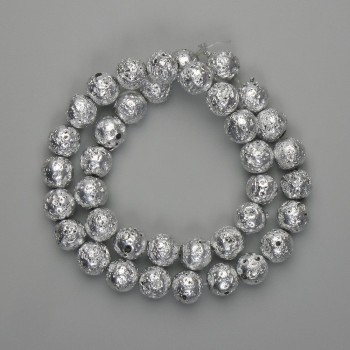 Lava beads with a silver-plated finish, porous sphere 10.5 mm, length 39 cm
