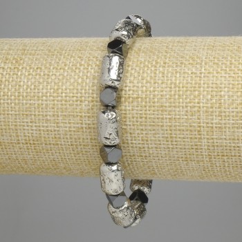 Lava Cylinder Bracelet, Light Silver 12x8 mm ±, Hematite Faceted 5.5x6 mm ±, Length 18 cm ±, Stretch