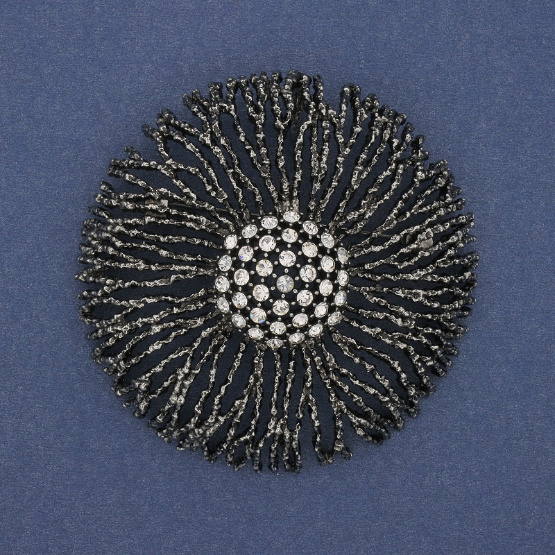 Accent Brooch Pendant with White Crystals, Dark Silver Metal, 61mm+