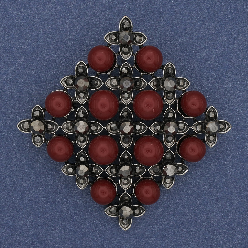 Brooch Pendant Tourmaline Rhombus, Gray Rhinestones, Silver-Tone Metal, 56 mm+