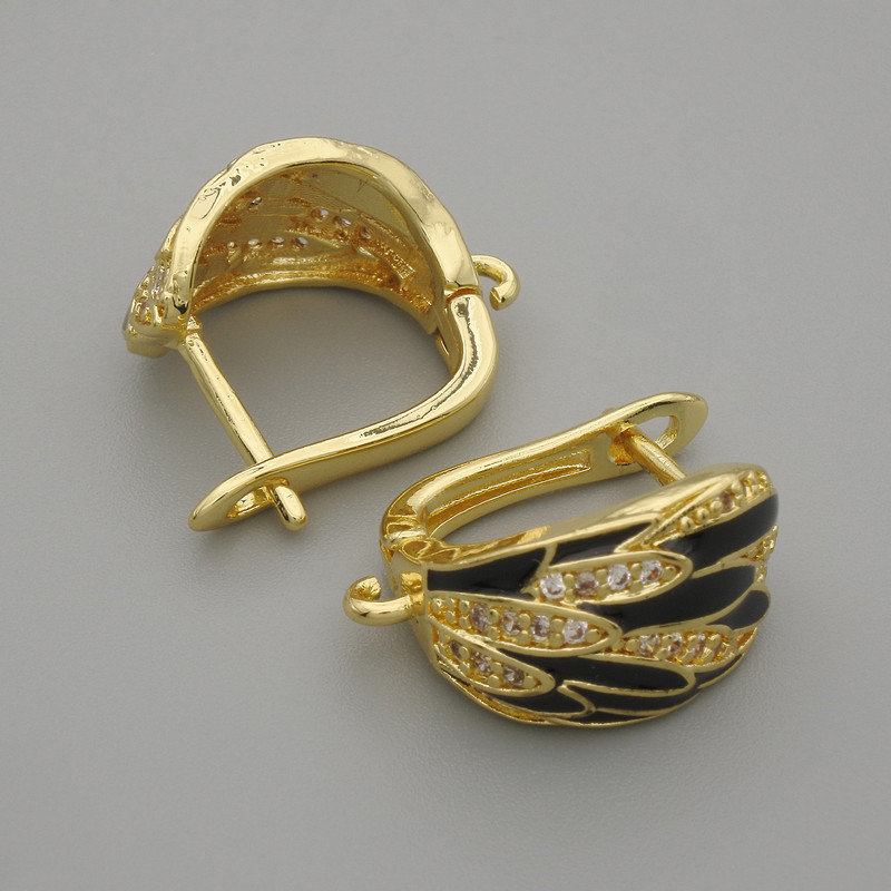 Ear Wires for Earrings with White Crystals, Black Enamel, Gold-Tone Metal, 15×9.5 mm ± Pair