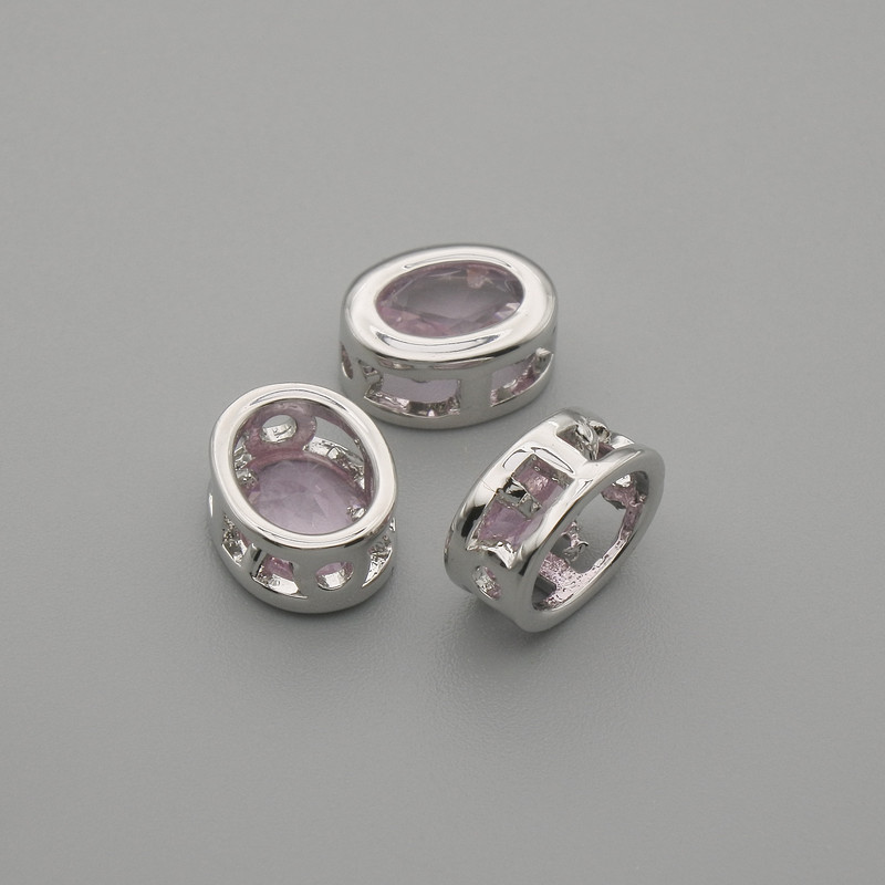 Bead insert with pink crystal, silver-colored metal, oval 9×7 mm, hole diameter 1.3 mm ±, per 1 pc. +