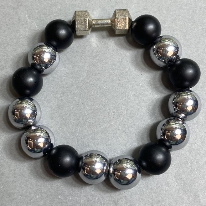 Hematite and Shungite Bead Bracelet, 12 mm +/- with Metal Inlay, Length 18 cm, Stretch