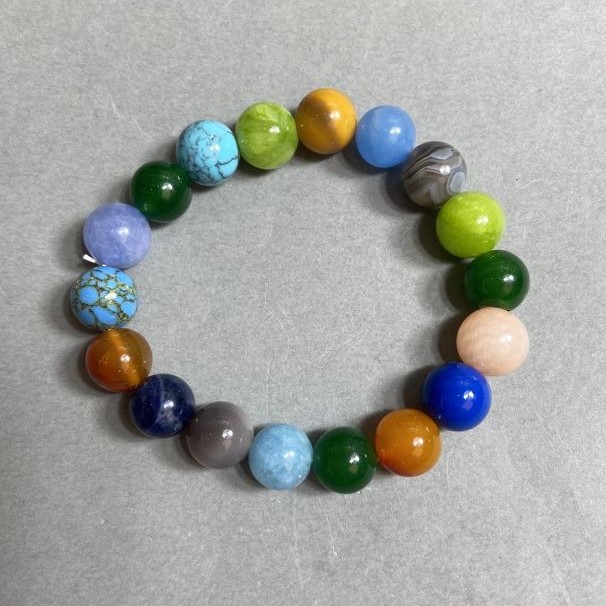 Bracelet Assorted Jasper, Chrysoprase & Aquamarine, Smooth Beads 10mm ±, 18 cm Stretch