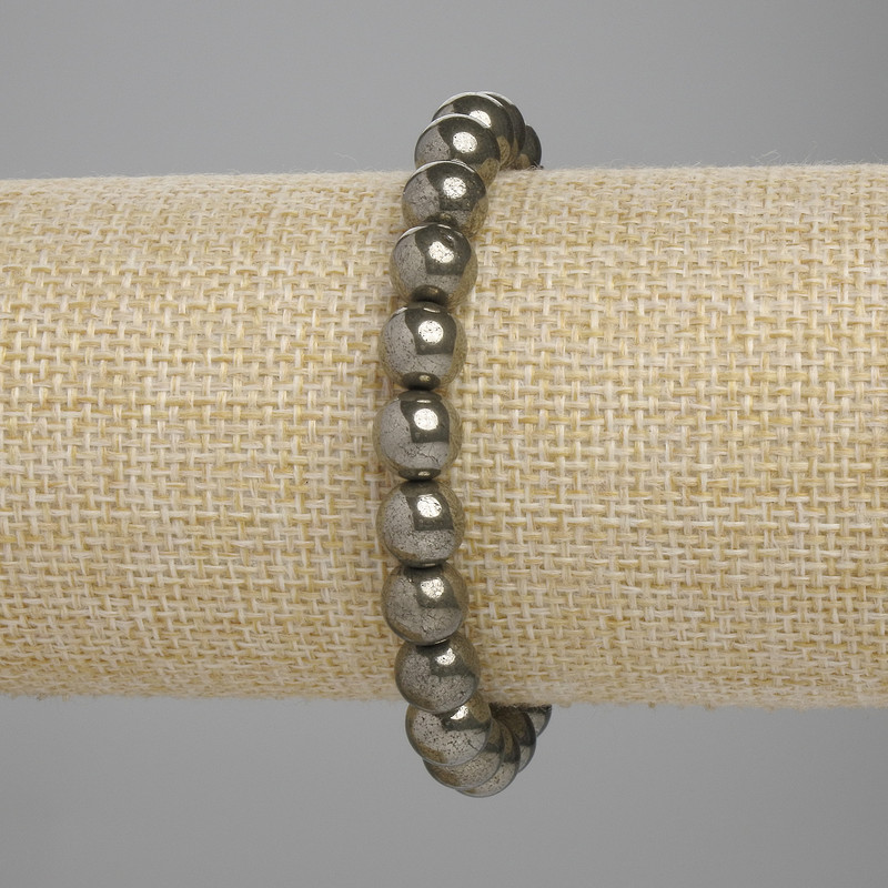 Pyrite Bracelet — Smooth Beads, 8 mm Diameter ±, 18 cm Length ±, Stretch