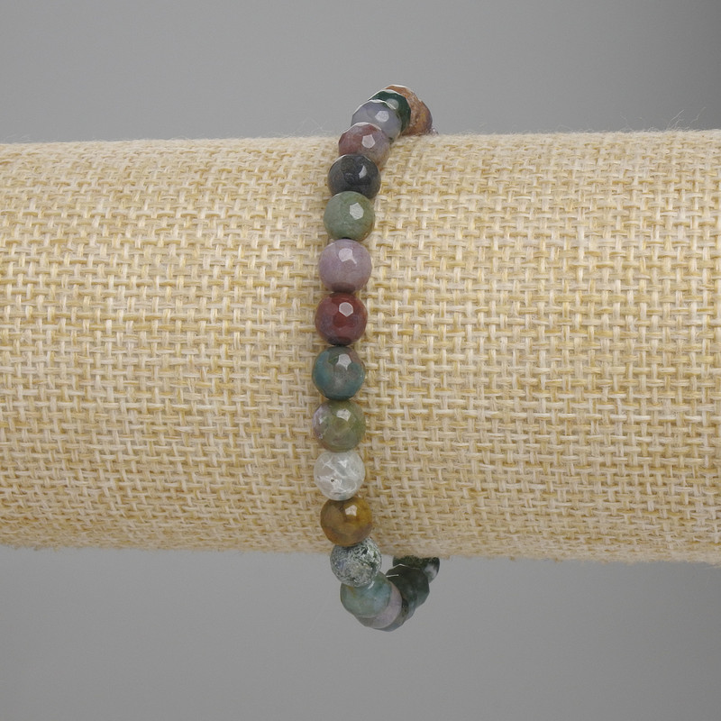 Moss Agate Bracelet with Faceted Beads, 6 mm Diameter, 18 cm Length, Elastic