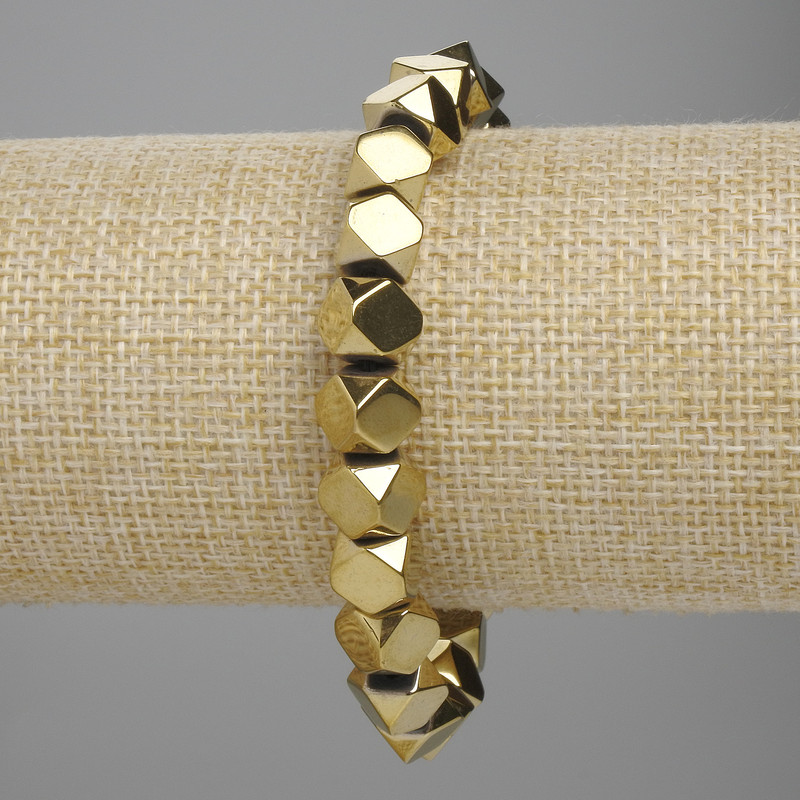 Hematite Bracelet, Faceted Beads 8×8 mm, Golden Color, Length 18 cm, Stretch