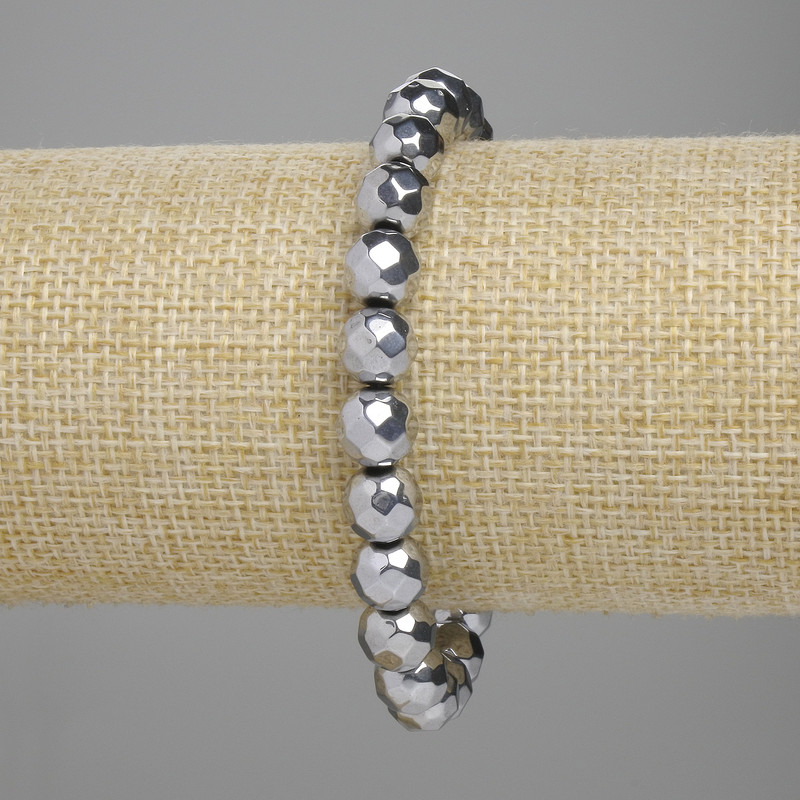 Hematite bracelet with faceted beads, 8 mm, silver color, 18 cm length, stretch