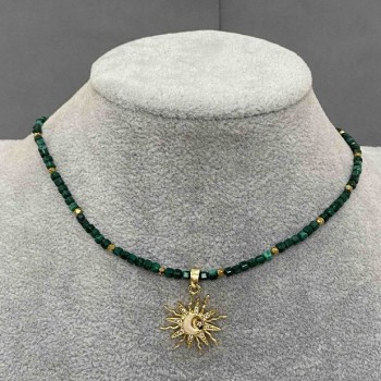 Choker malachite faceted cube 2mm+- hematite faceted 2mm+- with sun pendant 20mm+-, length 36cm + extender chain