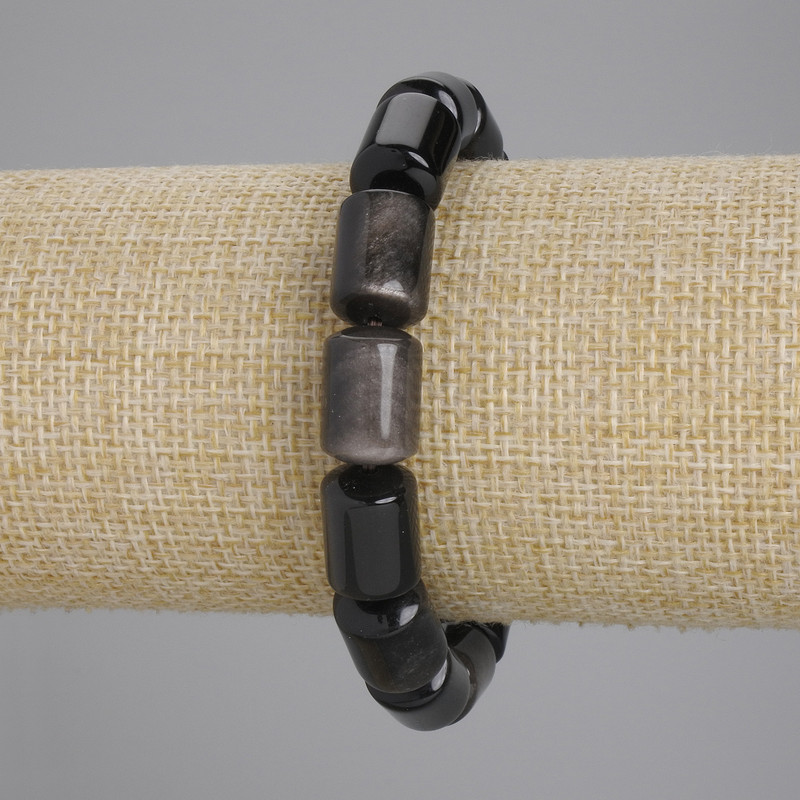 Bracelet with Silver-Gray Obsidian Cylinders, Cylindrical Beads 14×10 mm, Length 18 cm, stretchy