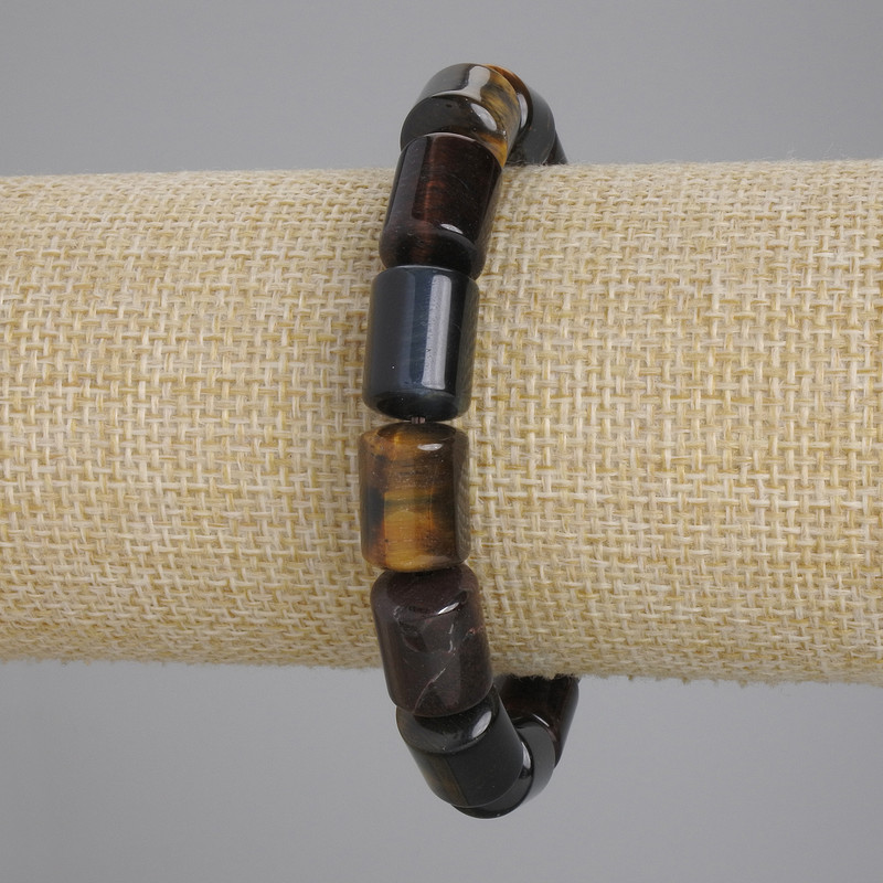 Bracelet with Tiger's Eye, Bull's Eye, and Hawk's Eye cylindrical beads, diameter 14×10 mm ±, length 18 cm ± stretch