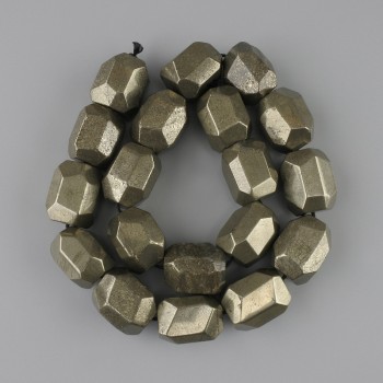 Pyrite beads, faceted, 20-21×15-17 mm, ±39 cm length on thread