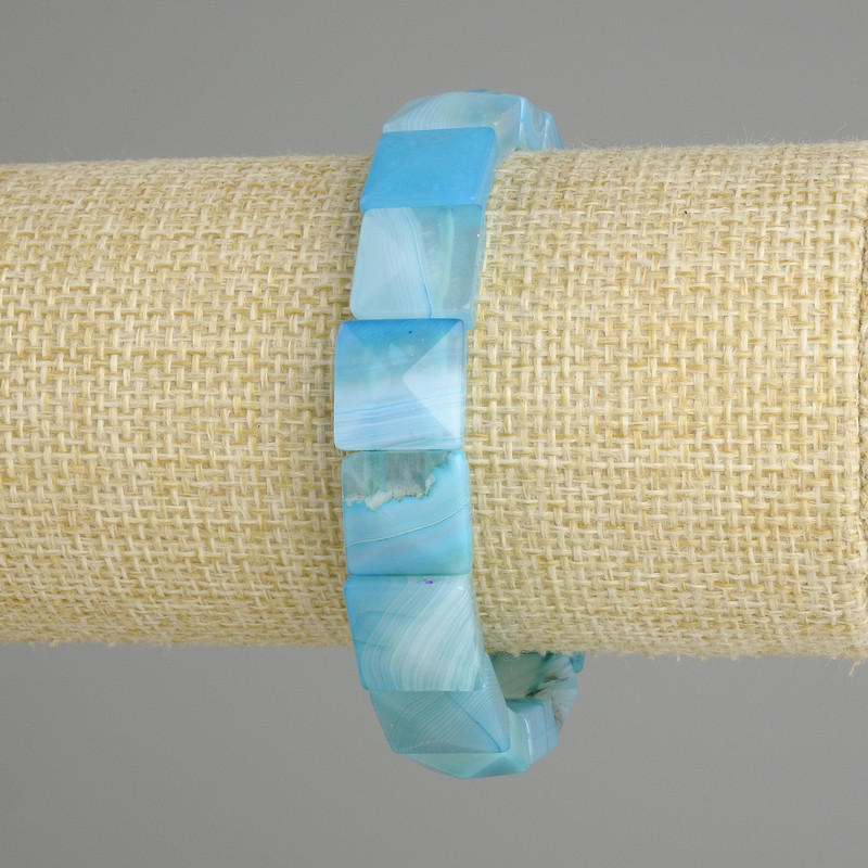 Blue Agate Bracelet with Faceted Square Beads, 12×12 mm, 18 cm Stretch