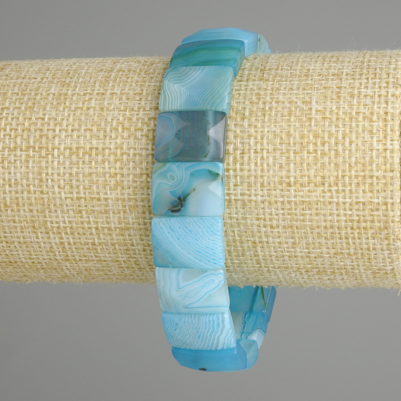 Blue Agate Bracelet with Faceted Links, 15×11 mm Diameter, 18 cm Length, Stretch