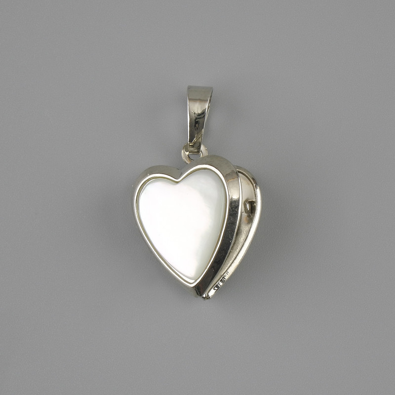Heart Pendant with Mother-of-Pearl for Photo, 17×18 mm diameter, 28 mm length, silver-tone metal