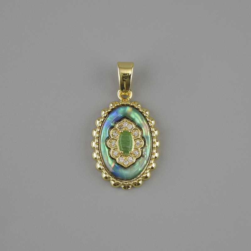 Haliotis Pendant with White Rhinestones, 21×13 mm diameter, approx. 27 mm long, gold-tone metal