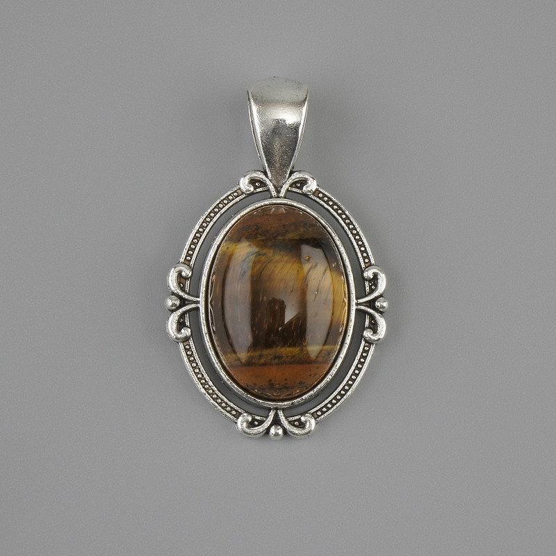 Tiger's Eye Pendant 34×21 mm ± Silver-tone metal