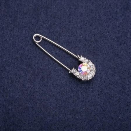 Brooch pin with white rhinestones, silver metal, 37×11 mm