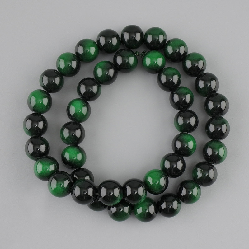 Beads Green Tiger's Eye (single) smooth round bead, 10 mm diameter, 37 cm length on monofilament