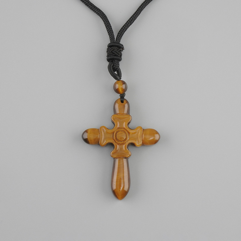 Pendant 'Cross' Tiger's Eye, diameter 47×36 mm ± on black cord with adjustable drawstring, length 78 cm+