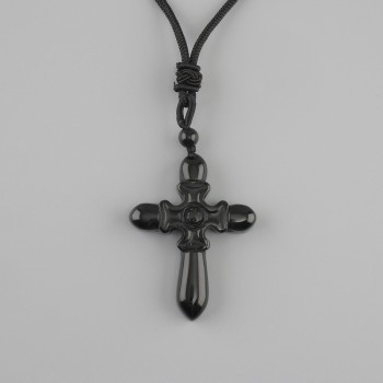 Cross Pendant in Black Agate, 47×36 mm diameter ±, on a black cord with adjustable length, 78 cm+