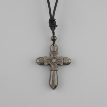 Cross Pendant made of silvery obsidian, 47×36 mm ±, on a black cord with a drawstring, length 78 cm+
