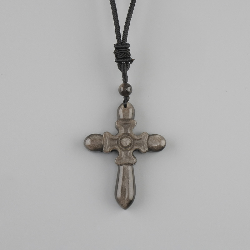 Cross Pendant made of silvery obsidian, 47×36 mm ±, on a black cord with a drawstring, length 78 cm+
