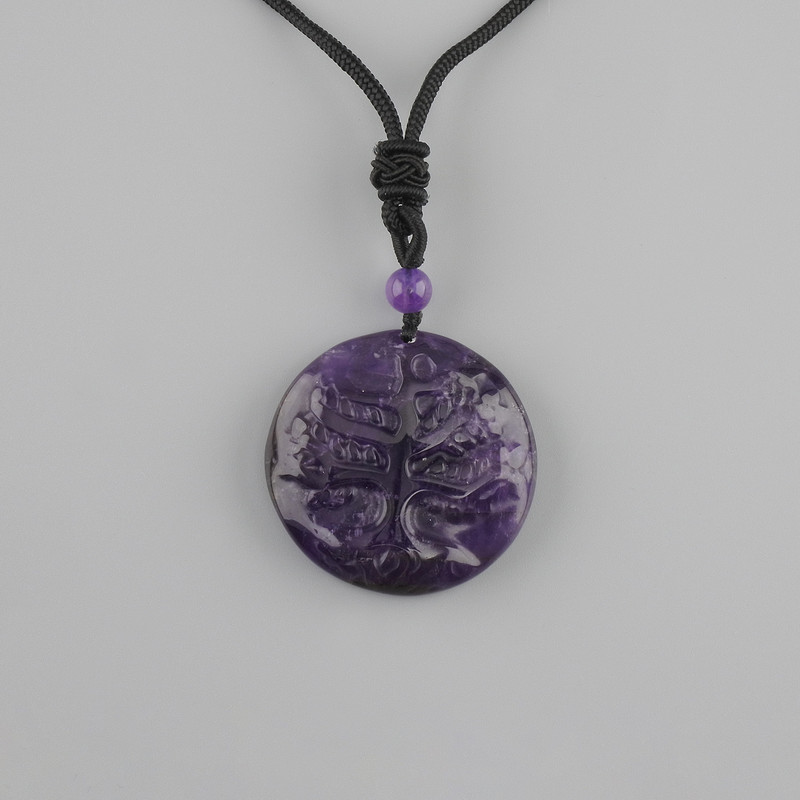 Tree of Life Amethyst Pendant, 36 mm diameter ±, on a black cord with an adjustable drawstring, length up to 78 cm+