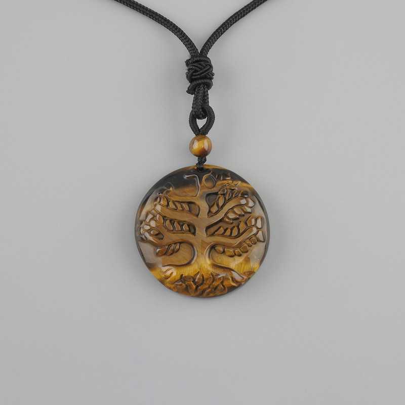 Pendant Tree of Life with Tiger's Eye, diameter 36 mm ±, on a black cord with adjustable length, length 78 cm+