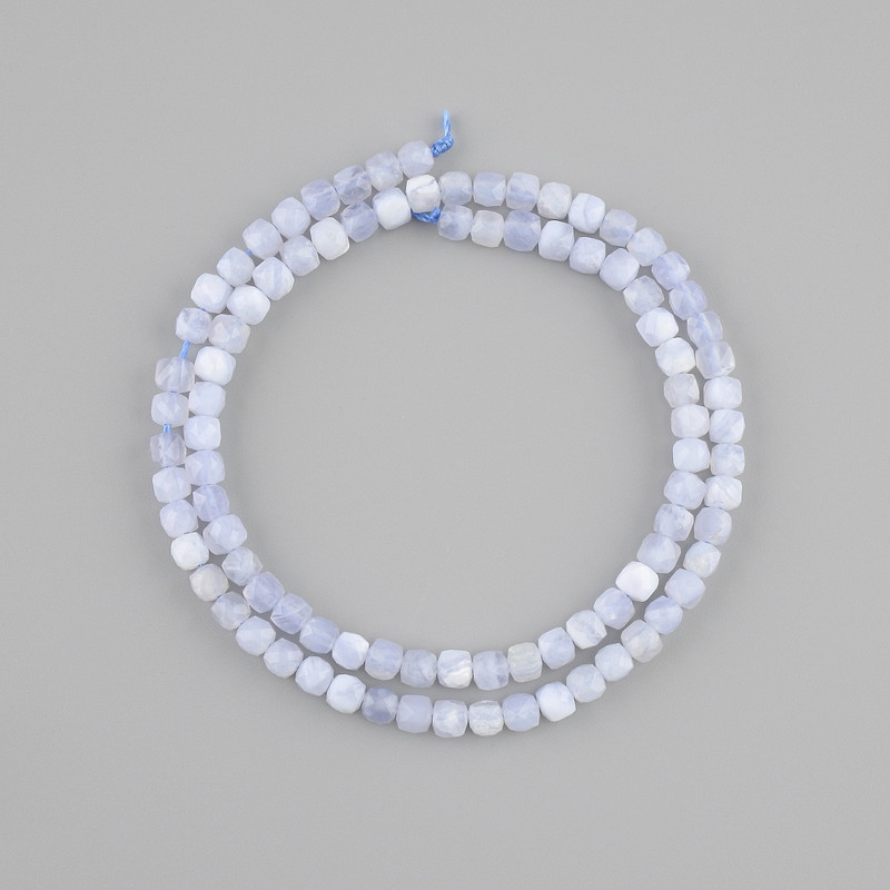 Blue agate (sapphirine) beads, natural gemstone, faceted cube, 4x4 mm, length about 38 cm